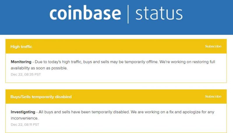 Coinbase status page. Image: Coinbase