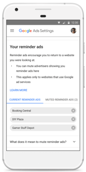 In Ad Settings, users have more control over what reminder ads they see. Image via Google