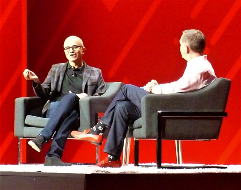 Microsoft CEO Satya Nadella and Red Hat CEO Jim Whitehurst at Red Hat Summit 2019 in Boston
