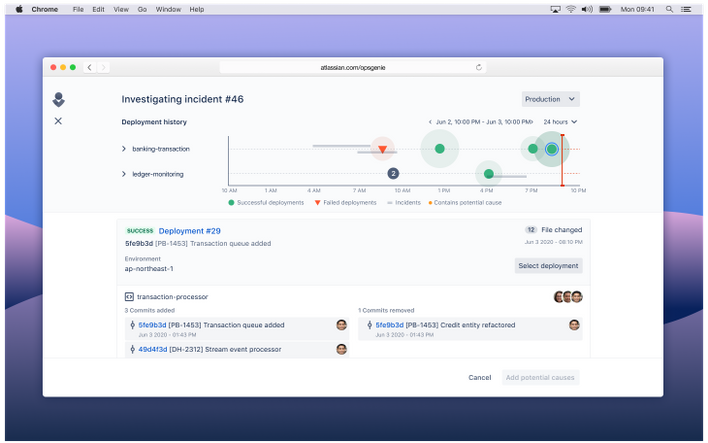 Opsgenie and Bitbucket Incident Investigation dashboard. Image: Atlassian