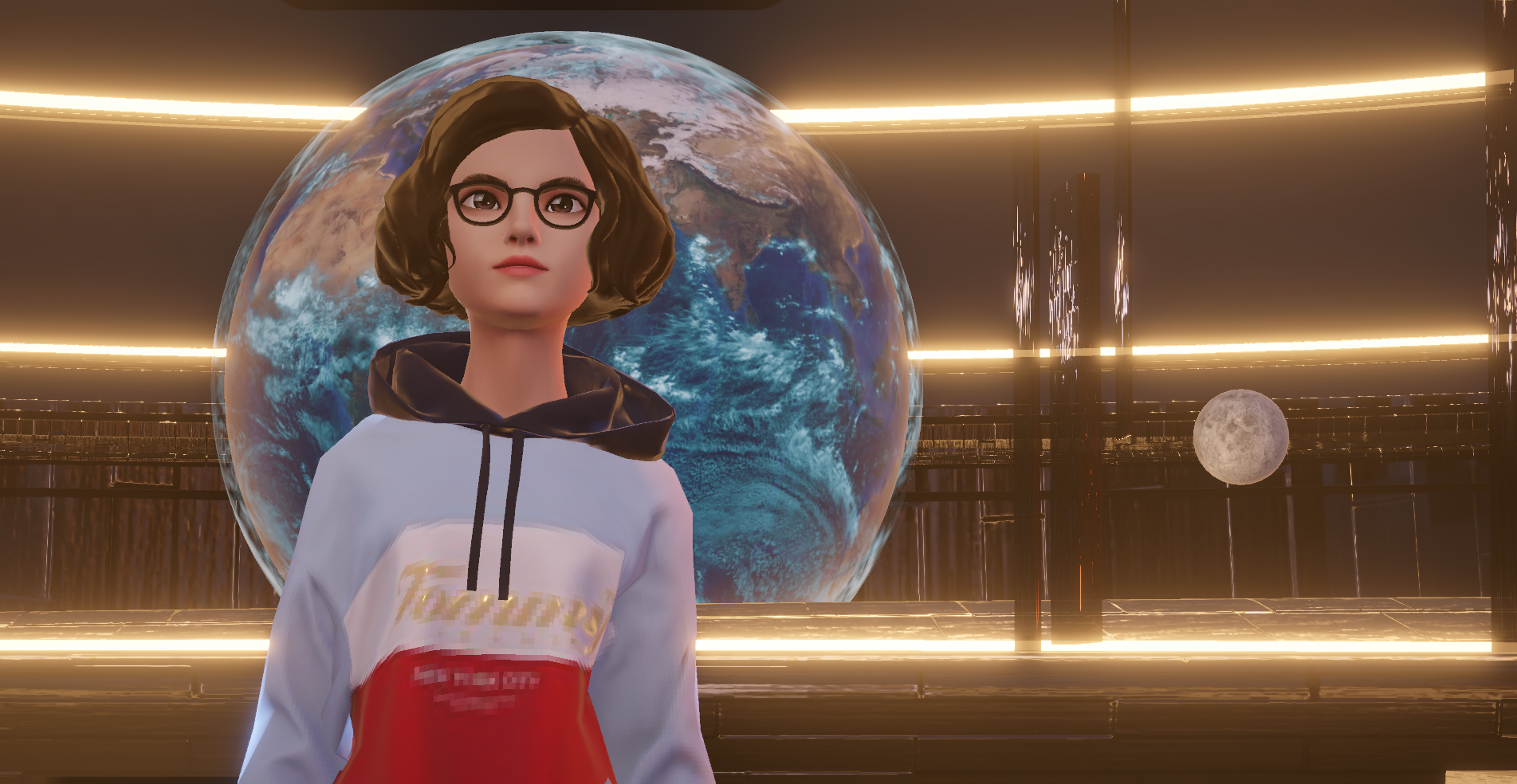 An avatar in Spatial using the Unity engine of a woman with spectacles, brown hair, with the Earth rising behind her in a space-themed cyberpunk setting