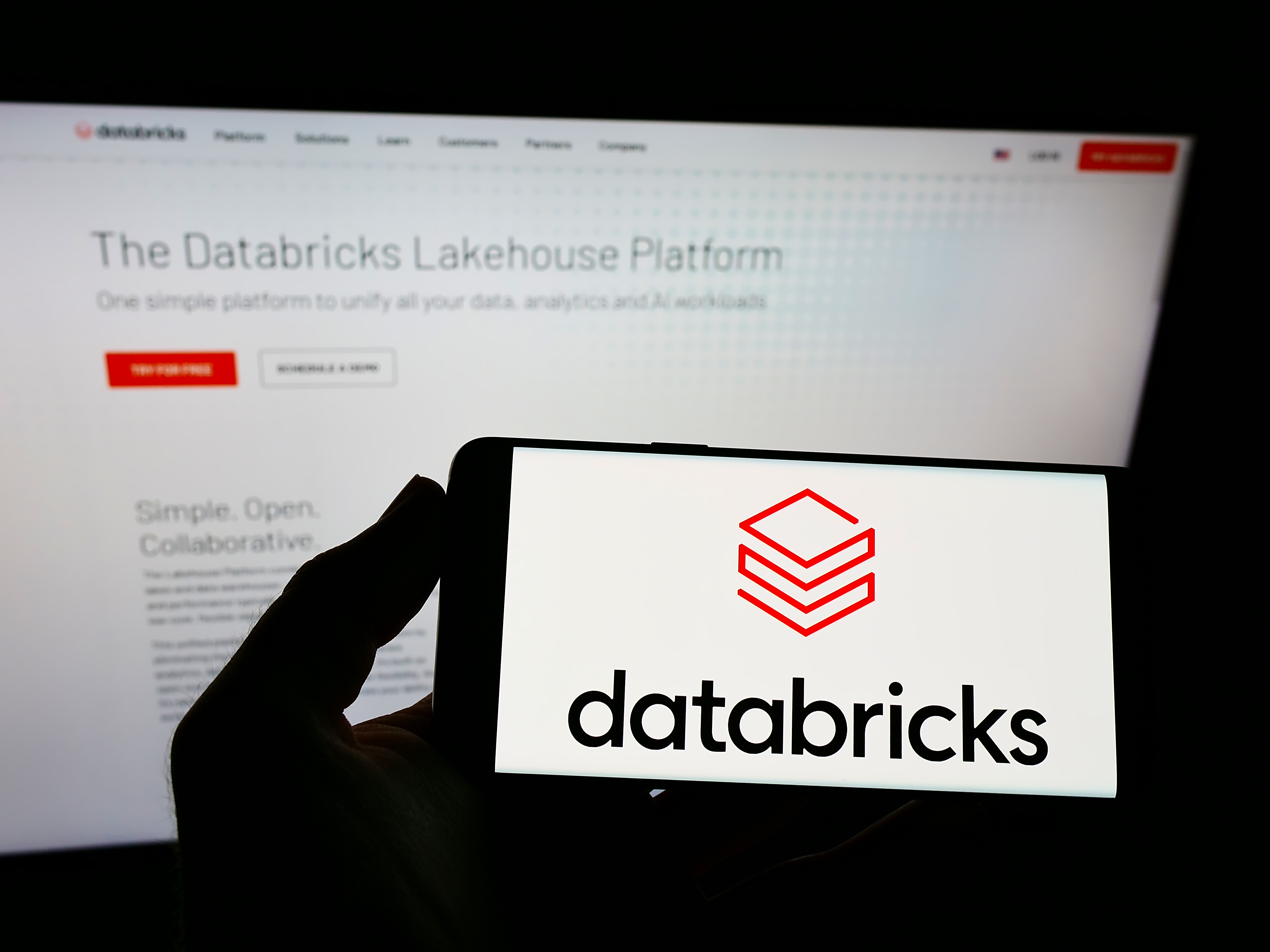 Databricks Loss: Person holding smartphone with logo of US company Databricks Inc. on screen in front of website