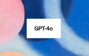 The letters "GPT-4o" on an abstract pink and blue background