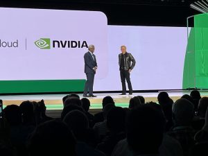 Thomas Kurian, CEO of Google Cloud talks with Jensen Huang, CEO of Nvidia, on the keynote stage at Google Cloud Next in August, 2023.