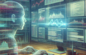 A ghostly transparent person staring at multiple screens with different types of cyberpunk data displayed on them in an AI generated image