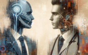 AI prompt Microsoft Designer: "An AI doctor with a stethoscope around its neck on the right side and a businessman wearing a suit on the left side facing each other abstract art with muted colors"
