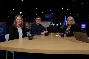 Jessica Yeck, senior vice president for AI, data and business apps at TD SYNNEX Corp. and Bill Pearson, vice president of data center and AI at Intel Corp., and Jenni Flinders, senior vice president, partner and channel at NetApp, talk with theCUBE about AI and data at the "Architecting Outcomes in the Era of Intelligence" event – 2025.