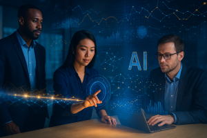 Professionals collaborating with holographic data visualizations represent IBM’s AI strategy to operationalize intelligence across the enterprise.