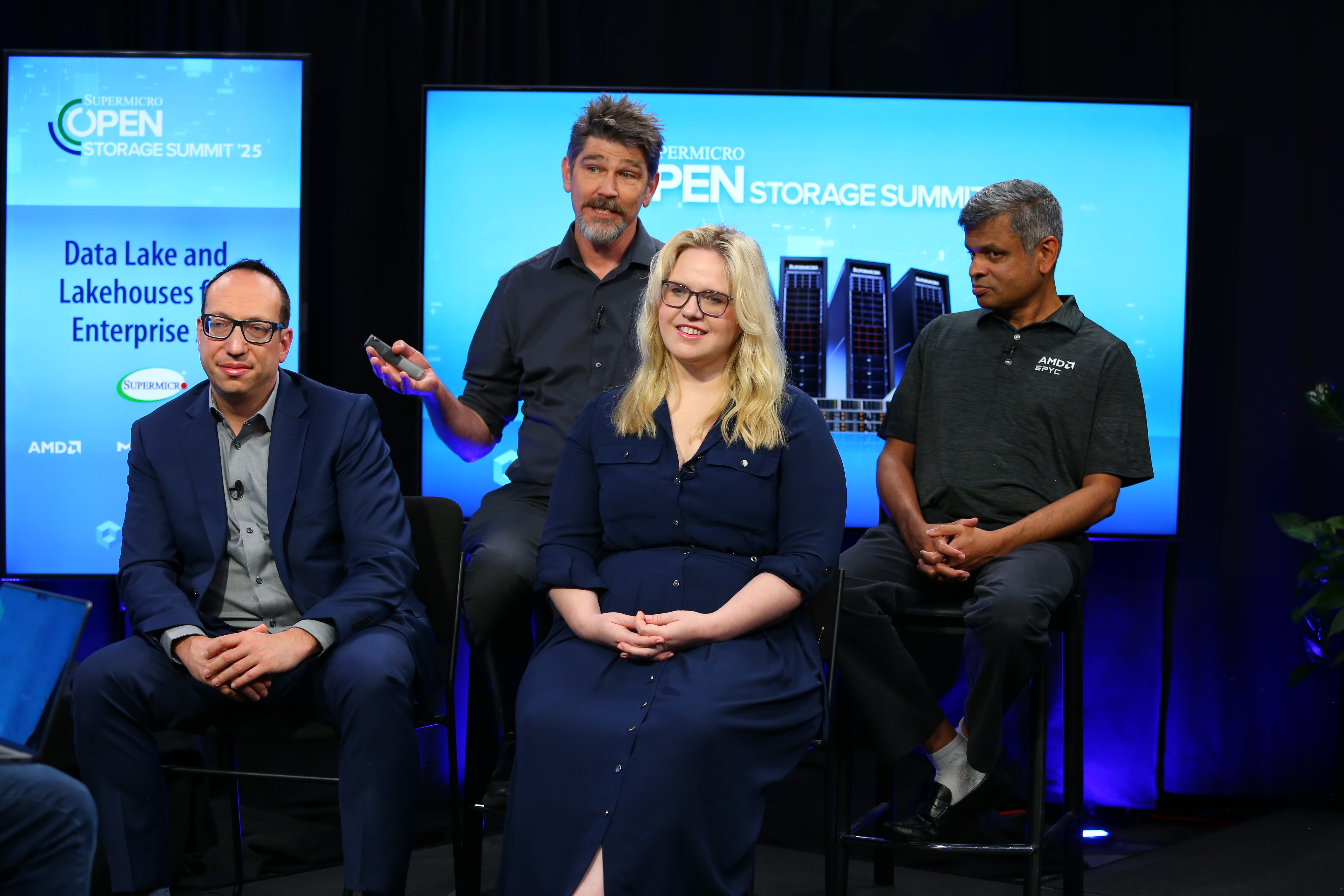 Paul McLeod, product director at Supermicro, Shiva Gurumurthy, global partner marketing manager at AMD, Brenna Buuck, developer evangelist, MinIO, and Simon Lightstone, director at EDB, talk about managing data lakehouses with theCUBE at Open Storage Summit 2025.