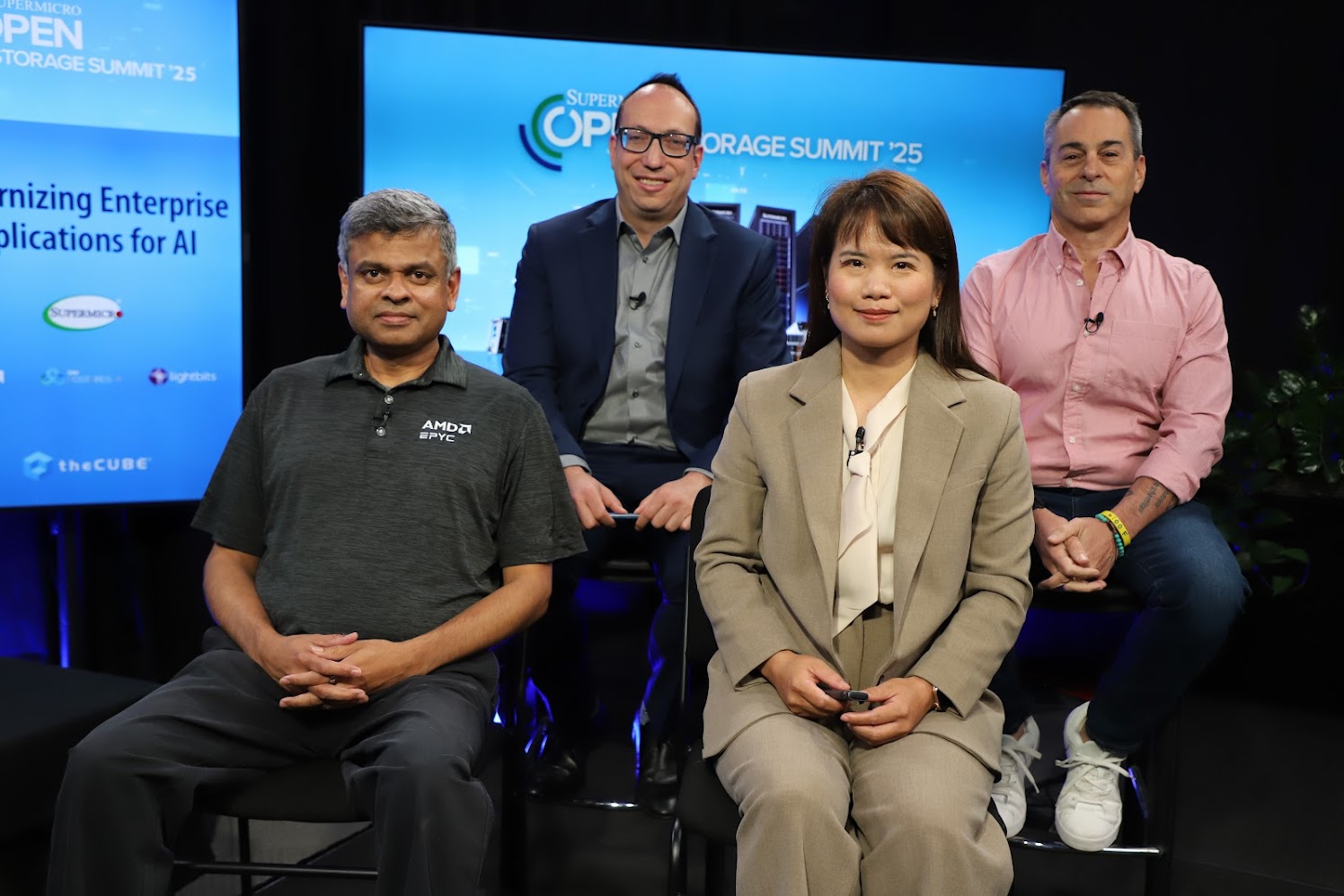 Shiva Gurumurthy of AMD, Simon Lightstone of EnterpriseDB, Junxia Zhou of Supermicro, and Sagy Volkov of Lightbits Labs talk with theCUBE about app modernization during the Open Storage Summit.