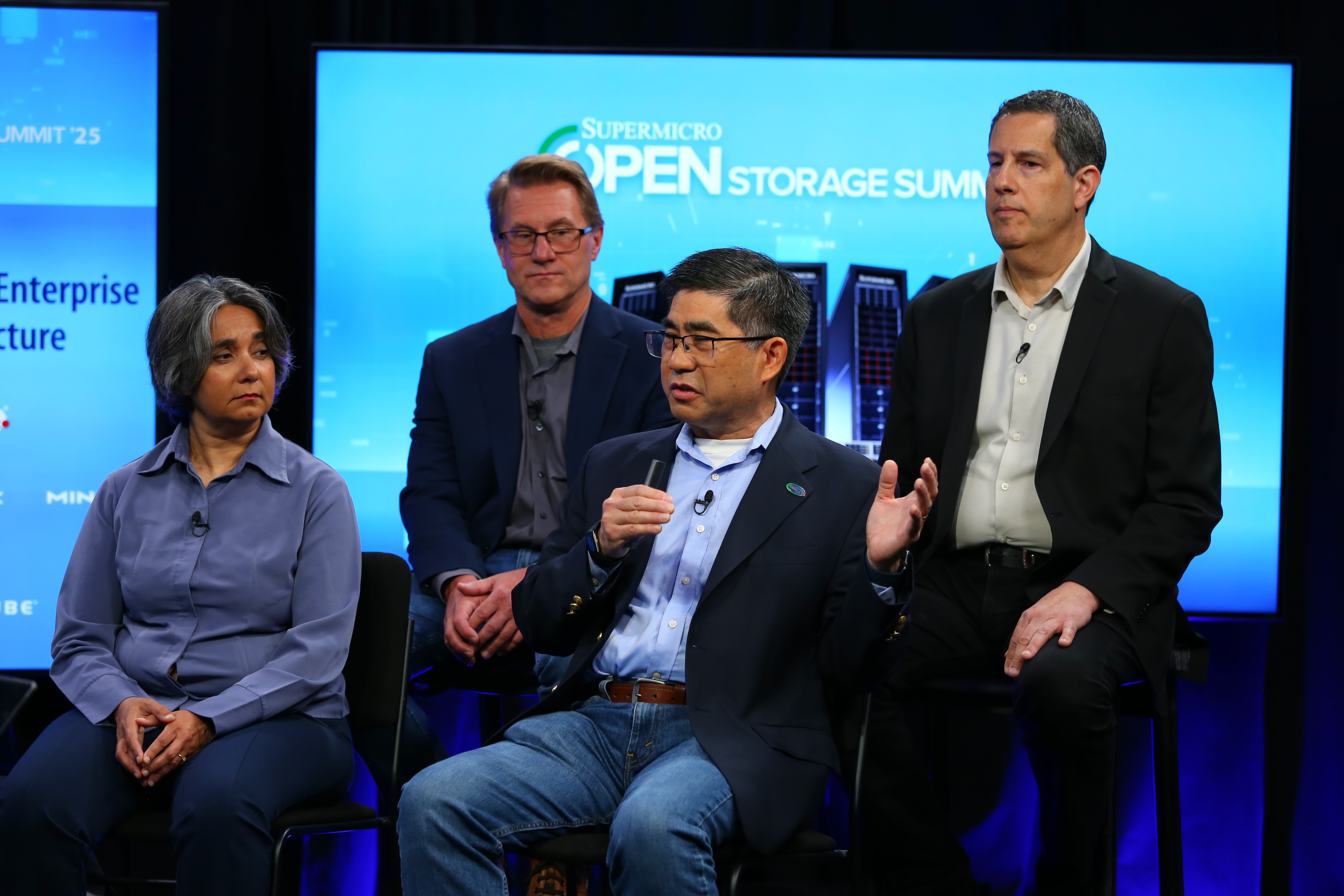 Wendell Wenjen, director at Supermicro, Kanchan Mirani, senior director at Nutanix, Keith Pijanowski, AI engineer at MinIO, and Gary Brown, technical product marketing at Intel, talk about creating innovative storage solutions at Supermicro Open Storage Summit 2025.