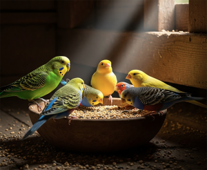Parakeets and canaries eating grain in front of a brick wall with beams of sunlight