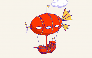 A bright orange blimp carrying a vivid red galleon-style sailing ship hull beneath it.