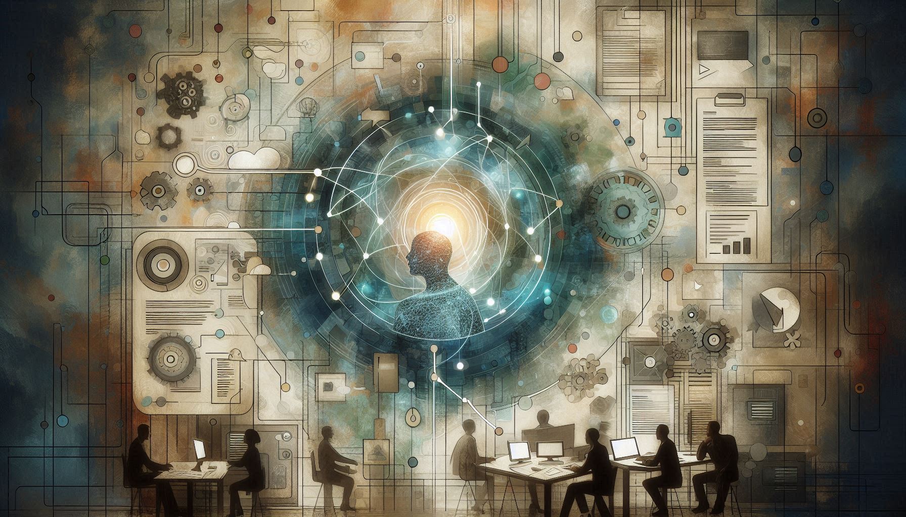 An abstract image of a project management AI agent orchestrating software flows and teammwork