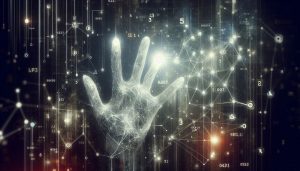 data science networking AI ghostly hand reaching into a dark space filled with glowing symbols