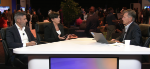 Gabie Boko, chief marketing officer at NetApp Inc., and Costa Kladianos, head of technology of the San Francisco 49ers, discuss intelligent data infrastructure at the NetApp Insight 2025 event.