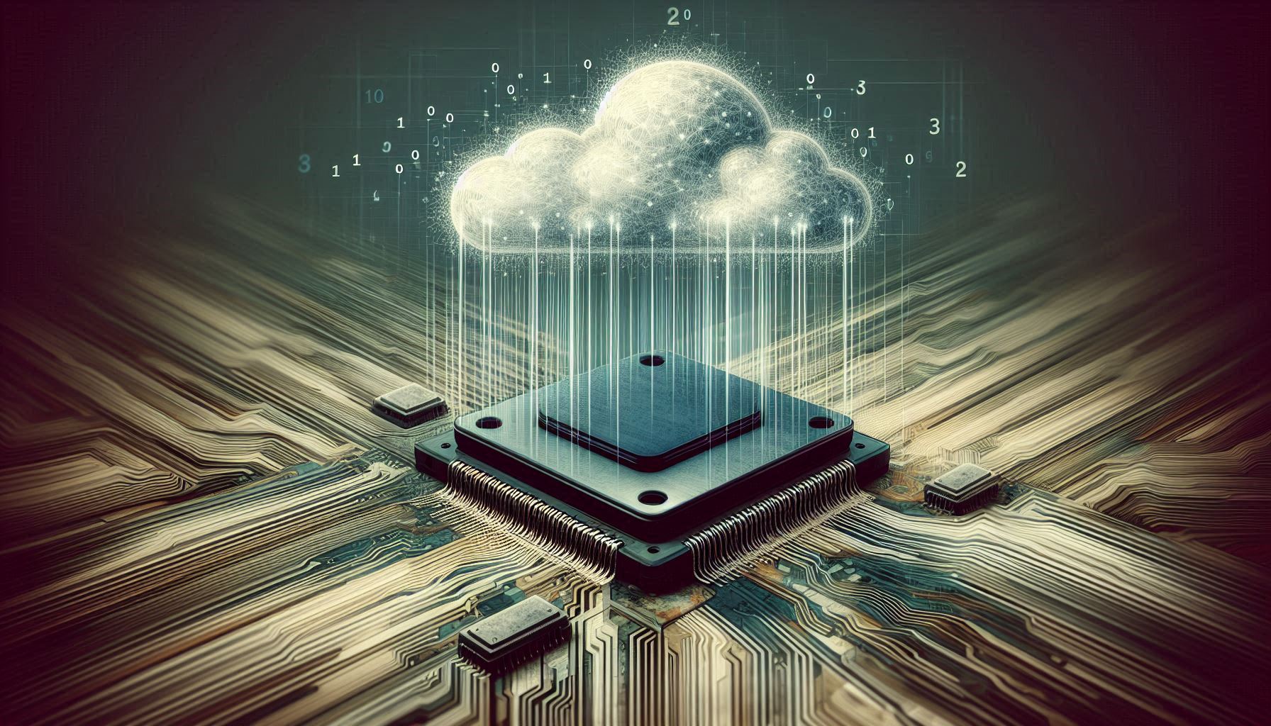 an abstract image of a "digital" cloud with numbers around it floating above a computer chip set in a stylized motherboard