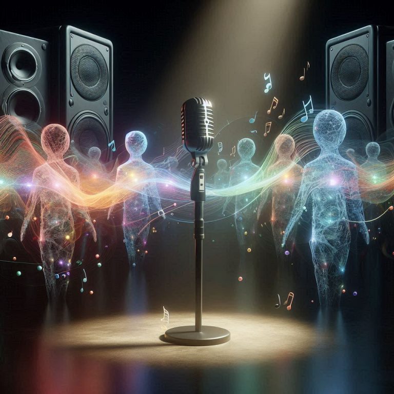 AI music floating through the air with notes and speakers