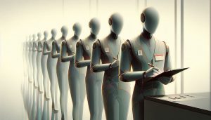 A line of faceless AI agents wearing ID badges writing information on clipboards suggesting identity information or data entry