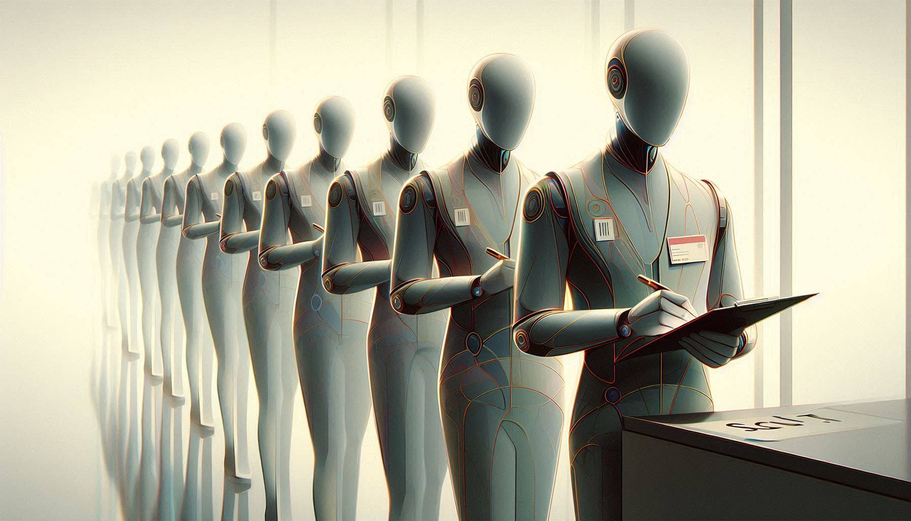 A line of faceless AI agents wearing ID badges writing information on clipboards suggesting identity information or data entry
