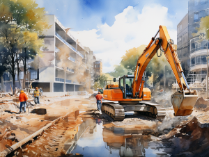 A construction fieldsite with a backhoe ditch buildings under construction, sky blue, clouds visible, dirt and water, construction workers, orange vests and hardhats